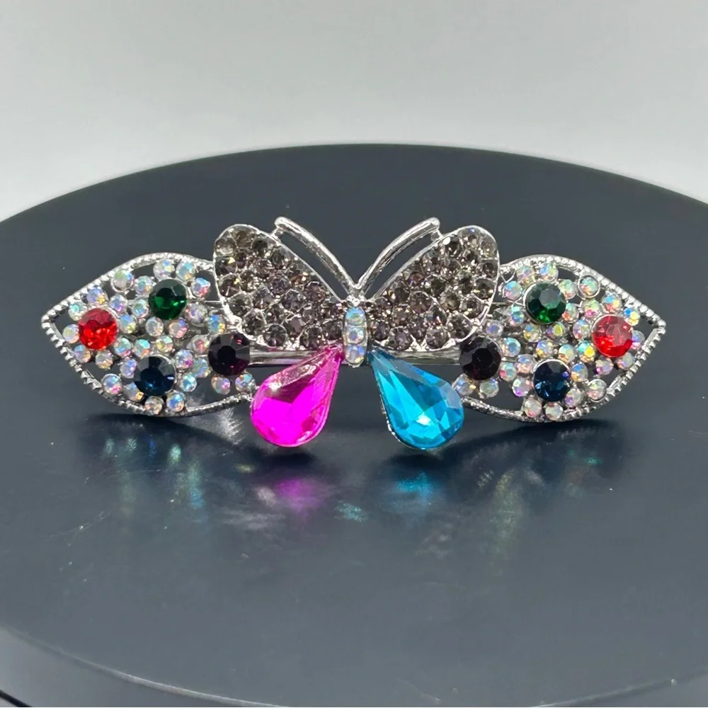Whimsical Silver Multicolored Butterfly Hair Barrette